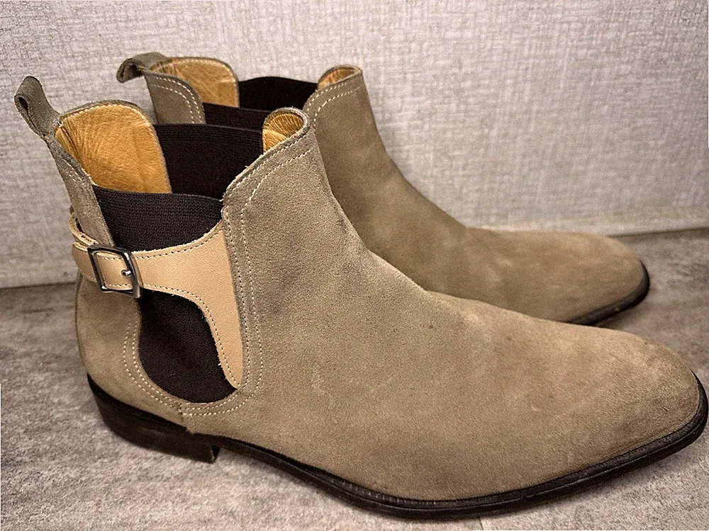 Saks Fifth Avenue Suede Chelsea Boots Mens 10.5 Tan Italy Harness Buckle Ankle